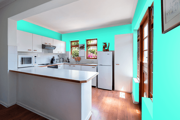 Pretty Photo frame on Vibrant Turquoise color kitchen interior wall color