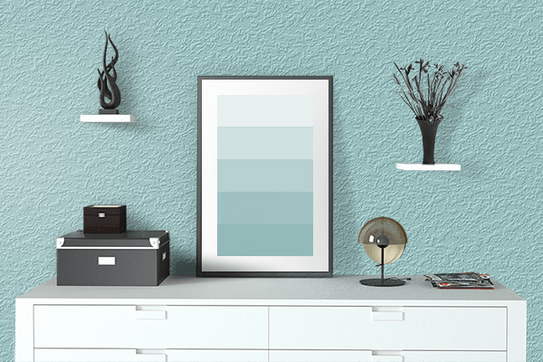 Pretty Photo frame on Pastel Cyan color drawing room interior textured wall