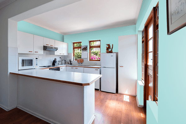 Pretty Photo frame on Pastel Cyan color kitchen interior wall color