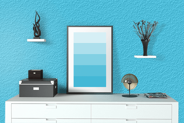 Pretty Photo frame on Psychedelic Aqua color drawing room interior textured wall