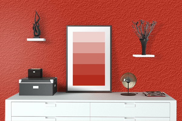 Pretty Photo frame on Spectrum Red color drawing room interior textured wall