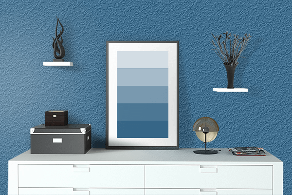Pretty Photo frame on Deep Sea Blue color drawing room interior textured wall