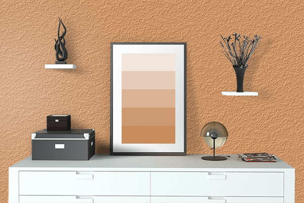Pretty Photo frame on Muted Orange color drawing room interior textured wall