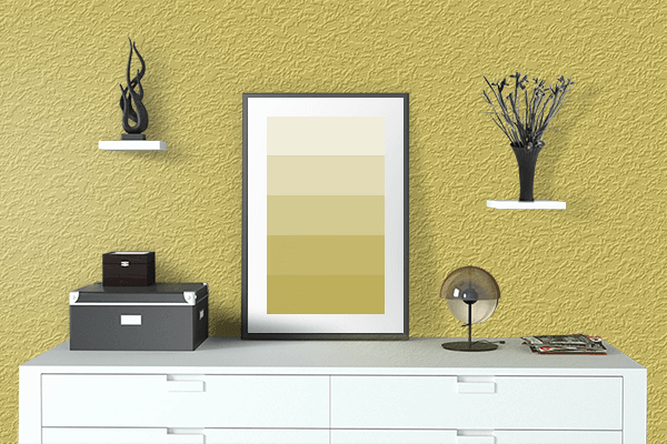 Pretty Photo frame on Dull Yellow color drawing room interior textured wall