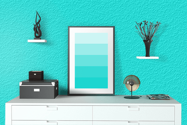 Pretty Photo frame on Vivid Turquoise color drawing room interior textured wall