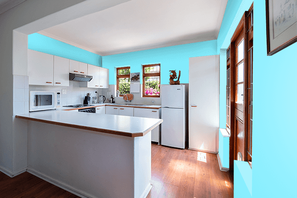 Pretty Photo frame on Neon Light Blue color kitchen interior wall color