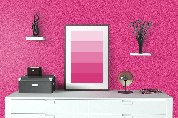Pretty Photo frame on Electric Pink color drawing room interior textured wall