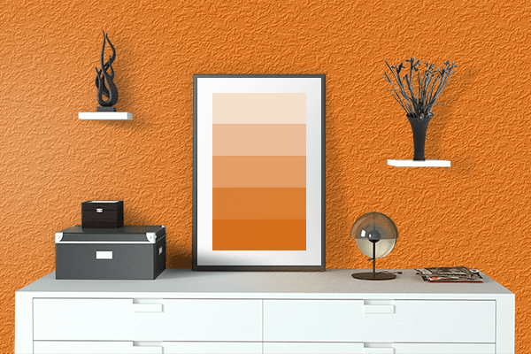 Pretty Photo frame on Vibrant Rich Orange color drawing room interior textured wall