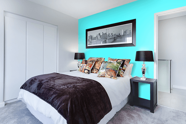 Pretty Photo frame on Bright Aqua color Bedroom interior wall color