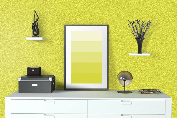 Pretty Photo frame on Electric Yellow color drawing room interior textured wall