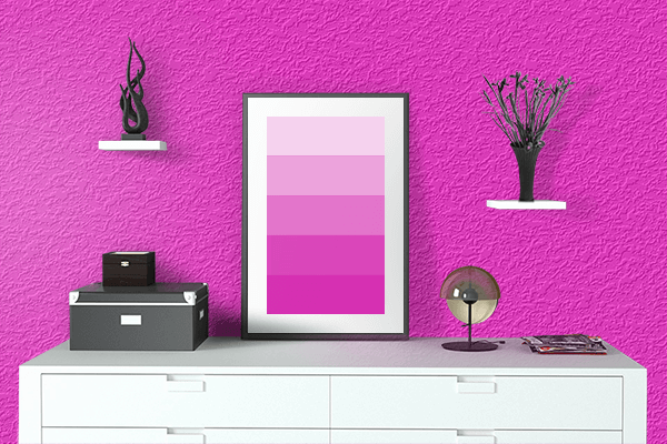 Pretty Photo frame on Hot Magenta color drawing room interior textured wall