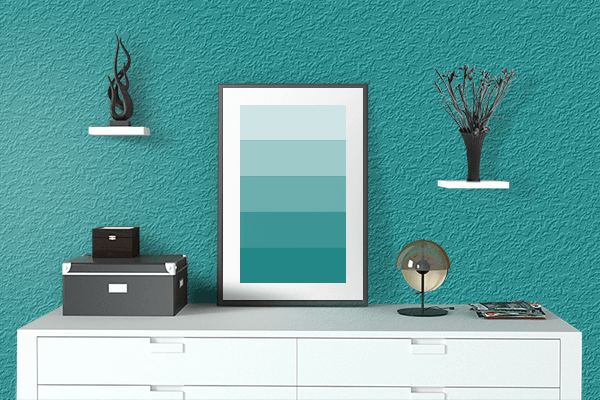 Pretty Photo frame on Aesthetic Teal color drawing room interior textured wall