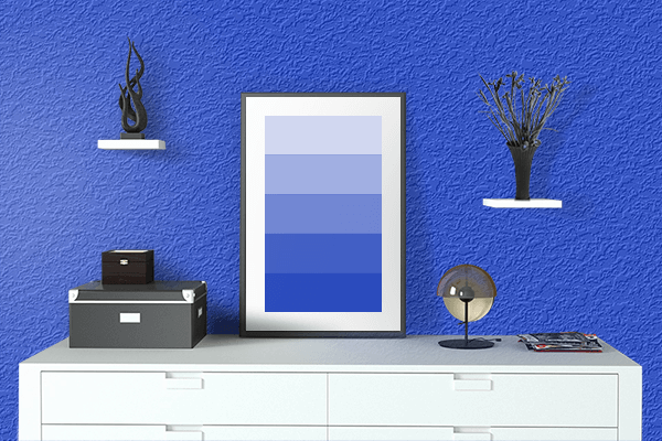 Pretty Photo frame on Spectrum Blue color drawing room interior textured wall