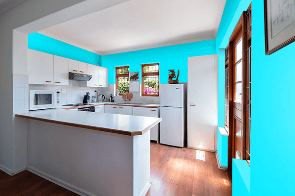 Pretty Photo frame on Vivid Cyan color kitchen interior wall color