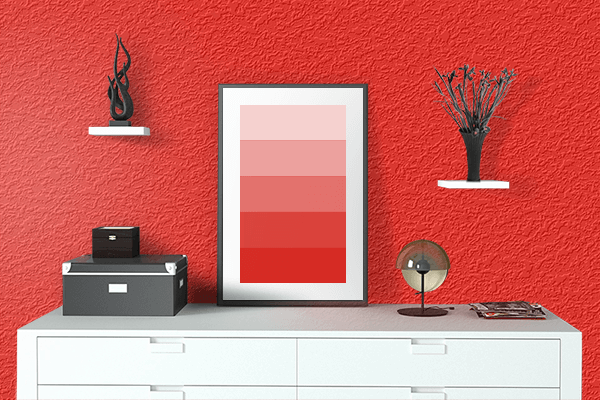 Pretty Photo frame on Bright Red color drawing room interior textured wall