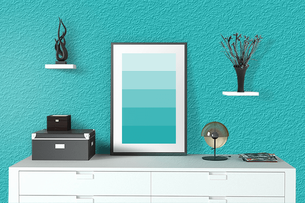 Pretty Photo frame on Classic Turquoise color drawing room interior textured wall