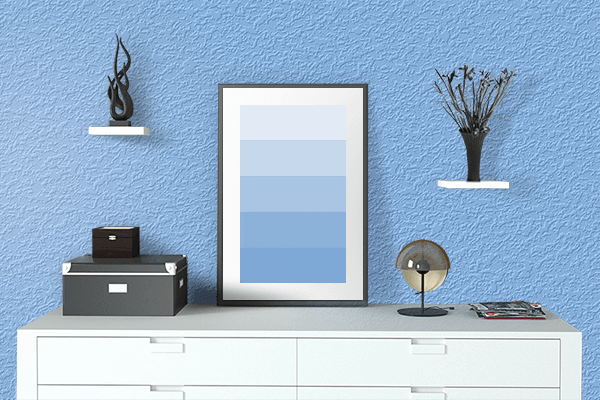 Pretty Photo frame on Glossy Light Blue color drawing room interior textured wall