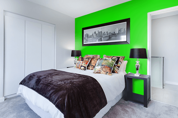 Pretty Photo frame on Vivid Green color Bedroom interior wall color