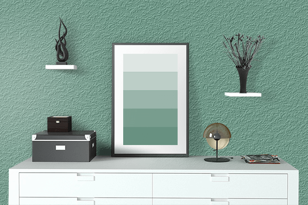 Pretty Photo frame on Dull Sea Green color drawing room interior textured wall