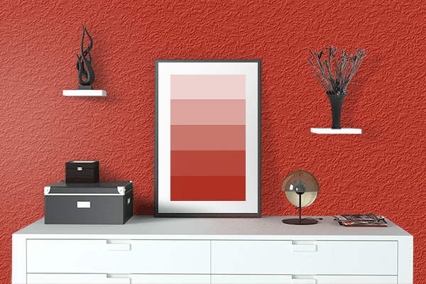 Pretty Photo frame on Naughty Red color drawing room interior textured wall