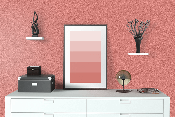 Pretty Photo frame on Coral Pink color drawing room interior textured wall