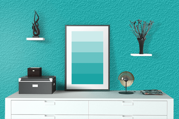 Pretty Photo frame on Deep Aqua color drawing room interior textured wall