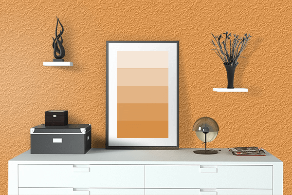 Pretty Photo frame on Neon Orange color drawing room interior textured wall