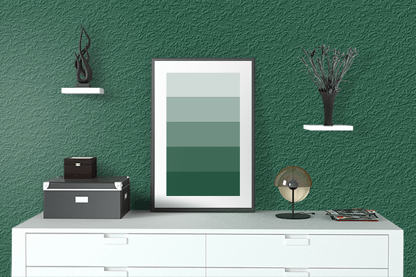 Pretty Photo frame on Classic Bottle Green color drawing room interior textured wall