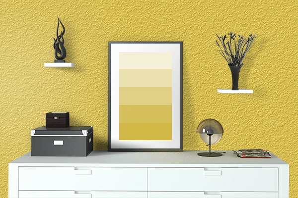Pretty Photo frame on Spanish Yellow color drawing room interior textured wall