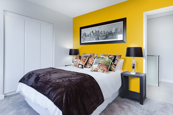Pretty Photo frame on Mustard Yellow color Bedroom interior wall color