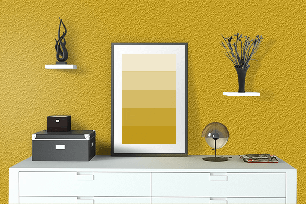 Pretty Photo frame on Mustard Yellow color drawing room interior textured wall