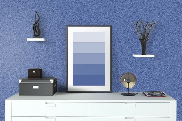 Pretty Photo frame on Mountain Blue color drawing room interior textured wall