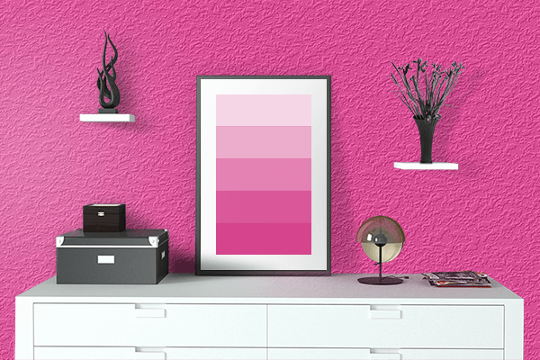 Pretty Photo frame on Fluorescent Hot Pink color drawing room interior textured wall