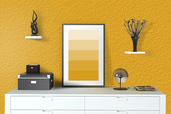 Pretty Photo frame on Chinese Yellow color drawing room interior textured wall