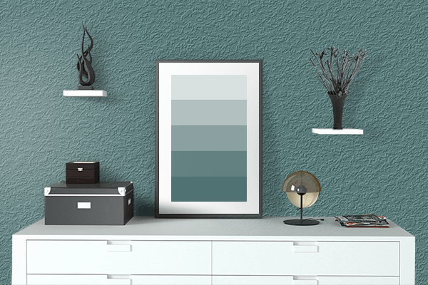 Pretty Photo frame on Dull Teal color drawing room interior textured wall