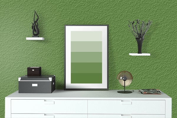 Pretty Photo frame on Greek Green color drawing room interior textured wall