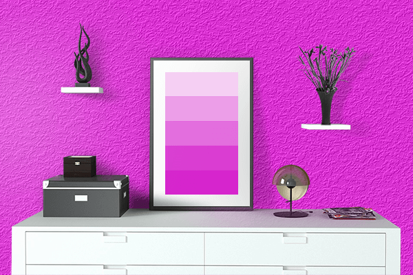 Pretty Photo frame on Neon Fuchsia color drawing room interior textured wall