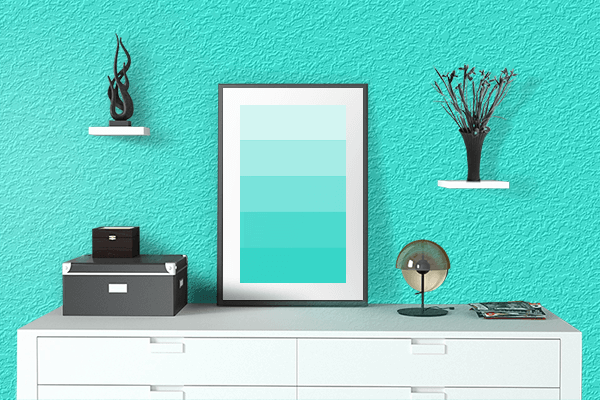 Pretty Photo frame on Electric Turquoise color drawing room interior textured wall