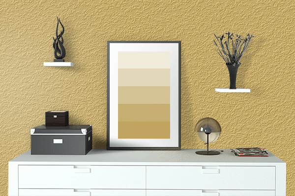 Pretty Photo frame on Golden Fleece color drawing room interior textured wall