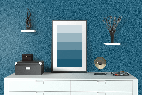 Pretty Photo frame on Ocean Blue color drawing room interior textured wall