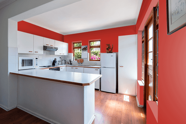 Pretty Photo frame on Bright Maroon color kitchen interior wall color