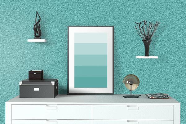 Pretty Photo frame on Turquoise CMYK color drawing room interior textured wall
