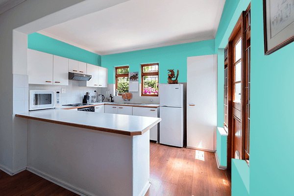 Pretty Photo frame on Turquoise CMYK color kitchen interior wall color