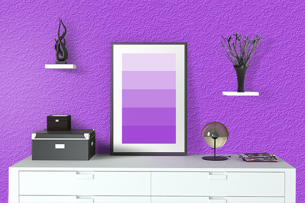 Pretty Photo frame on Shiny Purple color drawing room interior textured wall