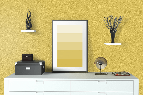 Pretty Photo frame on Bright Gold color drawing room interior textured wall