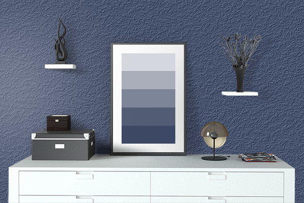 Pretty Photo frame on Calming Dark Blue color drawing room interior textured wall