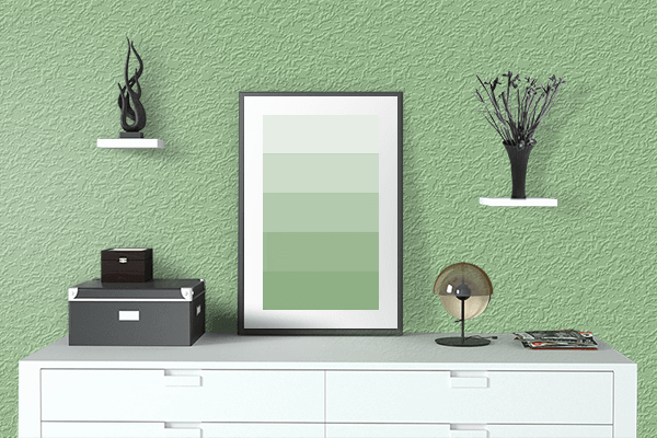 Pretty Photo frame on Pastel Grass Green color drawing room interior textured wall