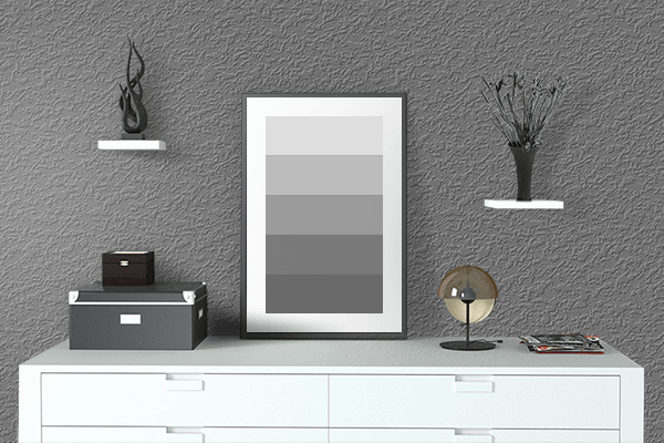Pretty Photo frame on Anvil Gray color drawing room interior textured wall