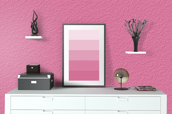 Pretty Photo frame on Happy Pink color drawing room interior textured wall