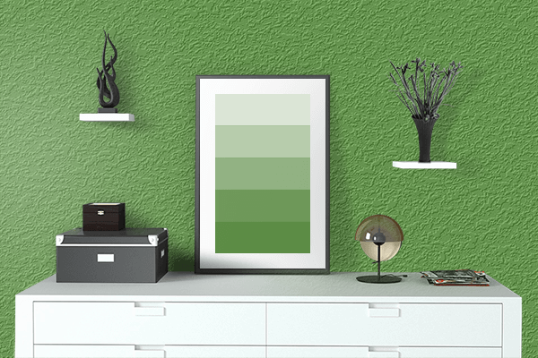 Pretty Photo frame on Yellow Green (RAL) color drawing room interior textured wall